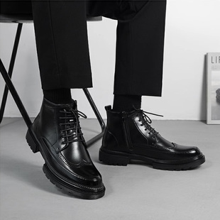 马丁靴男中帮冬季加绒2025新款英伦风布洛克商务男士高帮休闲皮鞋