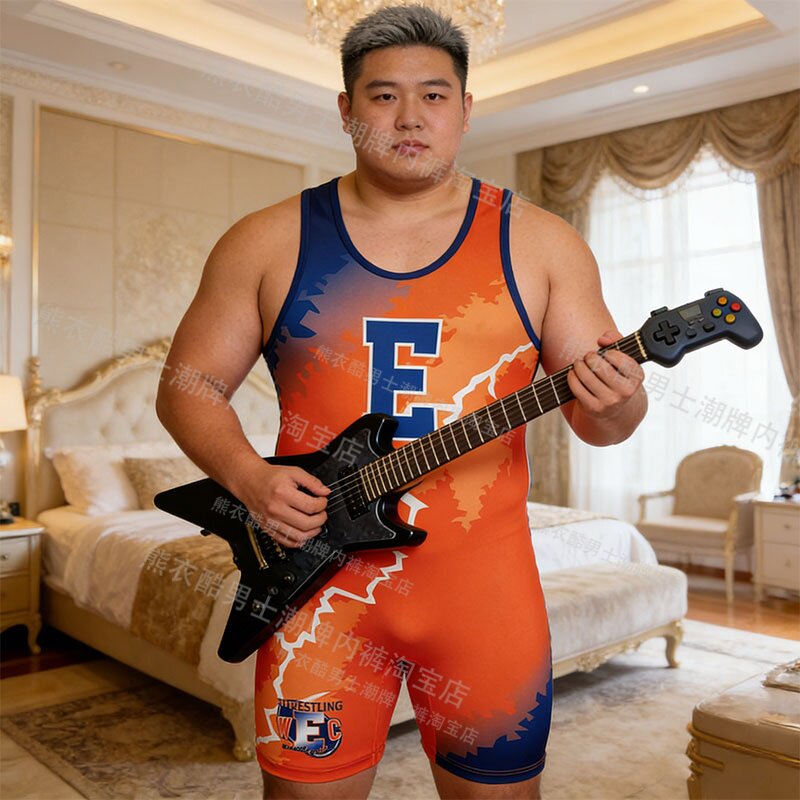 4XL男士运动连体裤紧身连体衣举重摔跤服大码塑身连体衣胖子健身