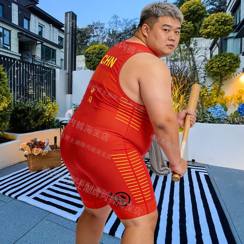 4XL大码男士塑身连体衣运动跑步举重摔跤服一体式平角裤紧身背心