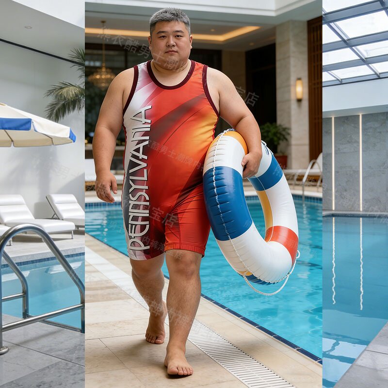 男款运动摔跤服胖子大码4XL健身紧身连体裤平角短裤一体式背心熊0