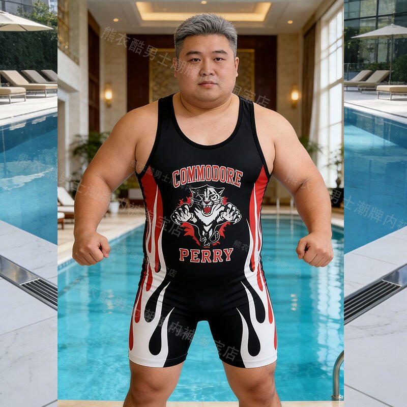 男士运动摔跤服胖子健身大码举重服一体式紧身衣4XL胖人肥佬骑行