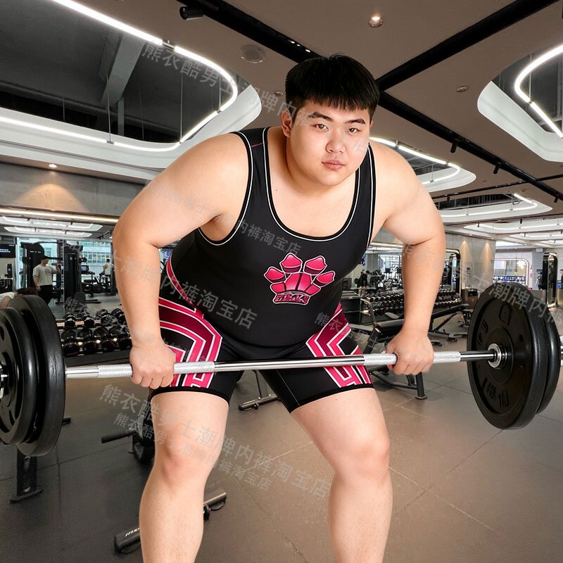 3X大码男士塑身连体衣弹力紧身连体背心短裤摔跤服举重跑步后镂空
