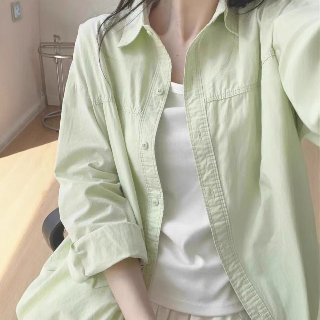 2025纯棉防晒长T袖衬衫ins潮流宽松韩版春秋外穿百搭休闲上衣女士