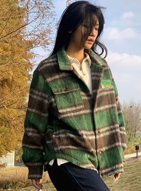 ThrillsCrew马海毛墨绿格纹夹克外套男潮ins百搭宽松情侣衬衫春秋