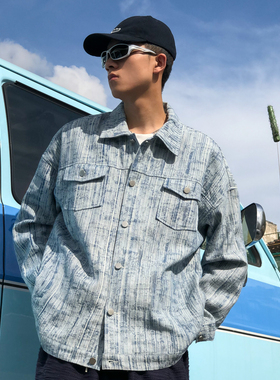 THRILLSCREW雪花细纹水洗牛仔夹克男街头宽松情侣休闲衬衫外套