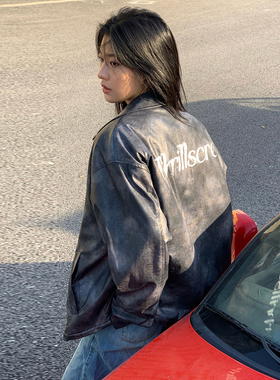 ThrillsCrew 做旧字母印花宽松加厚皮衣潮流百搭休闲情侣夹克外套