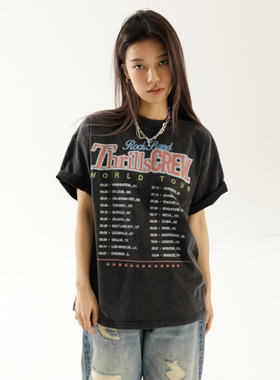 ThrillsCrew水洗做旧摇滚乐队演出字母印花T恤男美式宽松圆领短袖