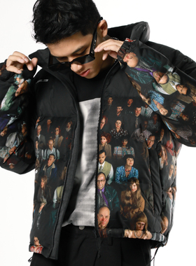 THRILLSCREW国潮黑色满印休闲立领宽松700蓬加厚短款羽绒服男冬季