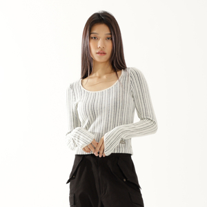 ThrillsCrew金属铭牌装饰条纹修身长袖T恤春女潮牌简约圆领上衣