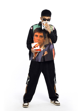 THRILLSCREW托尼蒙塔纳疤面煞星复古肖像印花休闲长袖黑色衬衫男