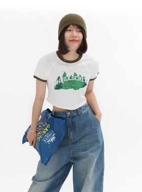THRILLSCREW森林印花露脐短款T恤女纯棉潮流撞色美式街头圆领短袖