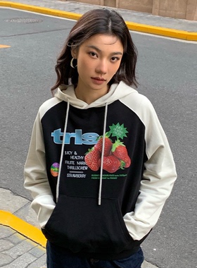 ThrillsCREW撞色草莓印花插肩袖连帽卫衣男美式街头休闲情侣上衣