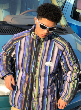 THRILLSCREW水墨晕染条纹立领90白鸭绒羽绒服男时尚加厚保暖外套