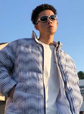 THRILLSCREW深蓝色波点印花700蓬加厚宽松羽绒服立领休闲印花外套