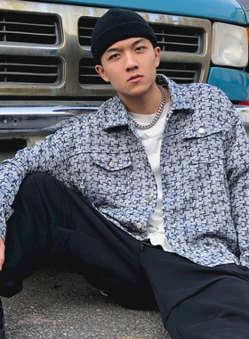 ThrillsCrew 国潮小香风编织格子夹克男街头宽松休闲情侣衬衫外套