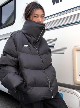 ThrillsCrew金属装饰标刺绣短款超厚保暖面包服黑色休闲立领棉服