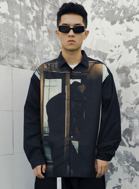 ThrillsCrew西部电话亭牛仔宽松印花复古长袖衬衫外套国潮情侣男