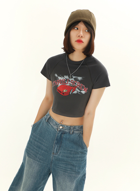 THRILLSCREW国潮赛车印花辣妹露脐短款T恤女纯棉美式休闲圆领短袖