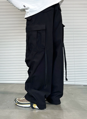 ThrillsCrew堆叠廓形多口袋宽松工装裤黑色抽绳飘带休闲直筒长裤