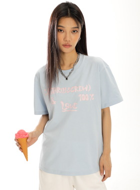 ThrillsCrew马卡龙泡泡糖字母印花圆领T恤夏季潮牌宽松情侣短袖男