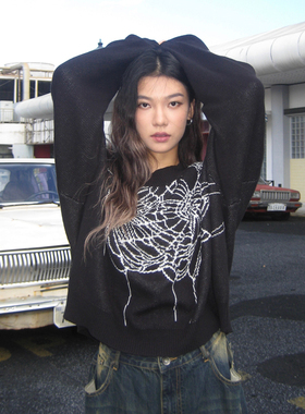 ThrillsCREW蜘蛛网提花黑色毛衣vibe圆领针织短款宽松套头衫秋冬