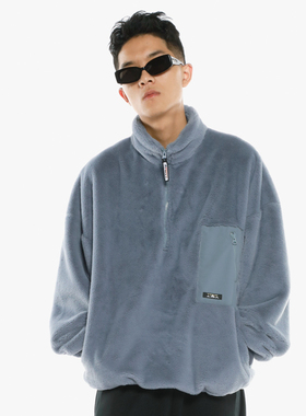 ThrillsCrew灰蓝半开衫拉链高领兔毛绒套头卫衣宽松保暖外套夹克