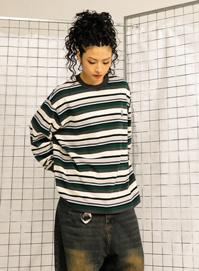 ThrillsCrew音乐发行单位刺绣标复古调墨绿条纹宽松美式长袖T恤秋