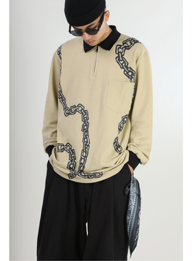 THRILLSCREW原创链条印花宽松落肩长袖卫衣男潮牌复古POLO衫