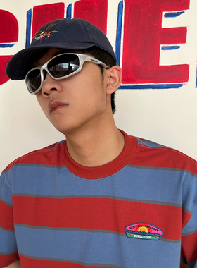 ThrillsCrew国潮红蓝撞色条纹刺绣标宽松圆领T恤男女简约休闲短袖