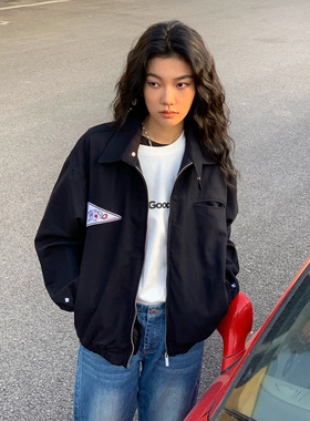 ThrillsCrew 国潮扑克元素刺绣翻领宽松夹克外套黑色休闲情侣上衣