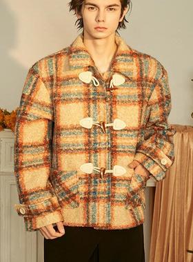 ADD STUDIO 24 A/W牛角扣复古格纹短款毛呢大衣外套