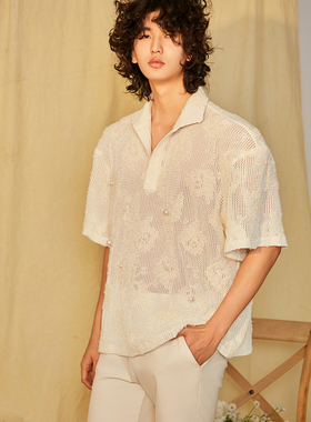 ADD STUDIO 24 S/S手工珍珠镂空织花古巴领短袖衬衫