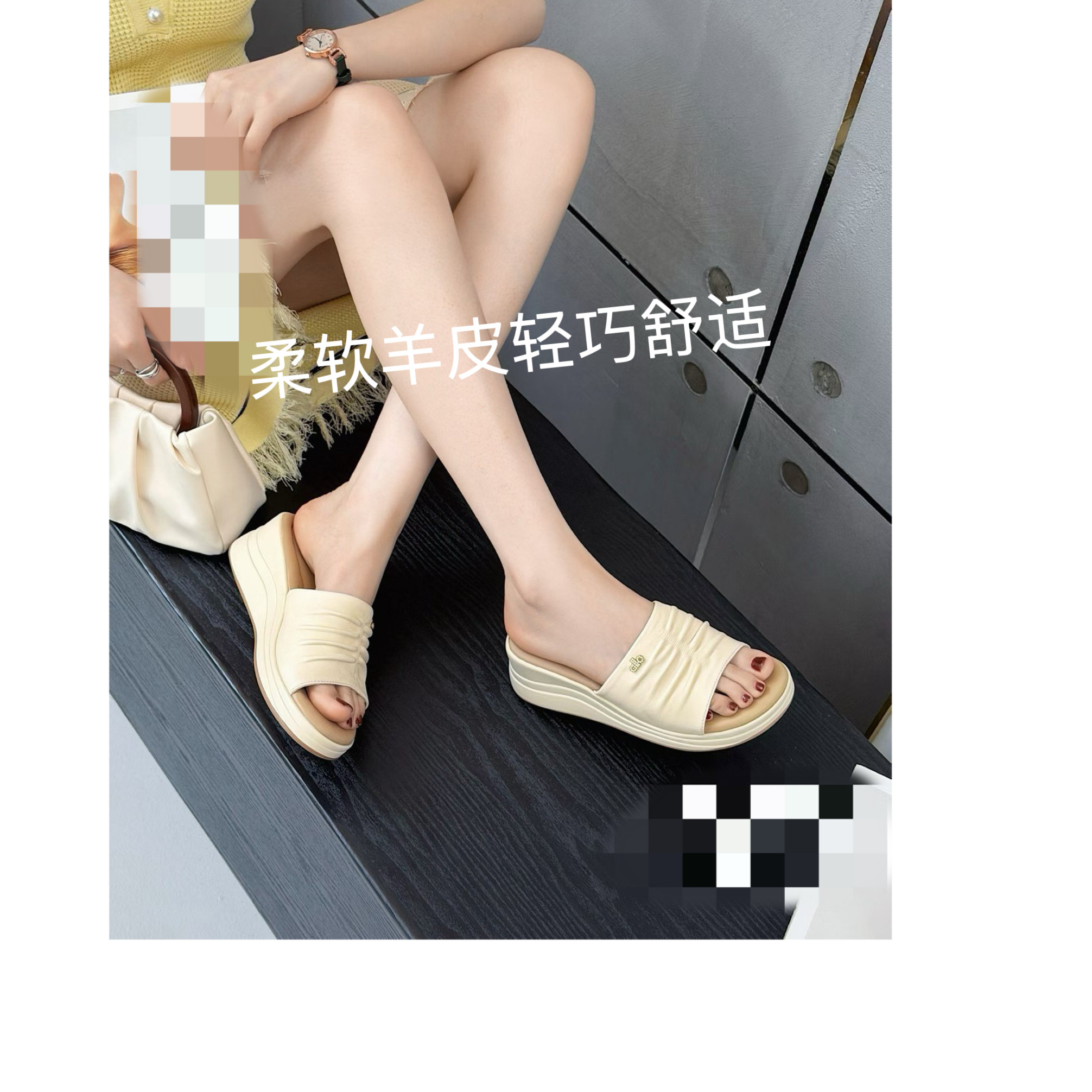 夏季新款时尚柔软羊皮简约百搭休闲百搭坡跟平跟凉拖