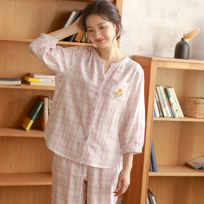 春夏新品睡衣女纯棉双层纱布薄格子V领七分袖长裤休闲家居服套装