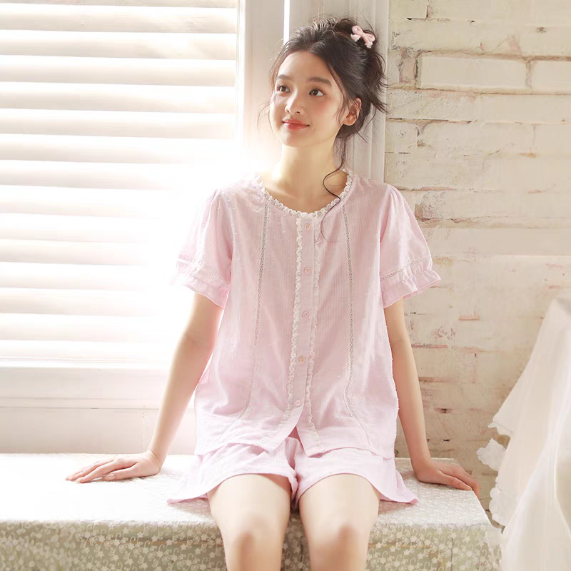 法式睡衣女夏天纯棉纱布家居服