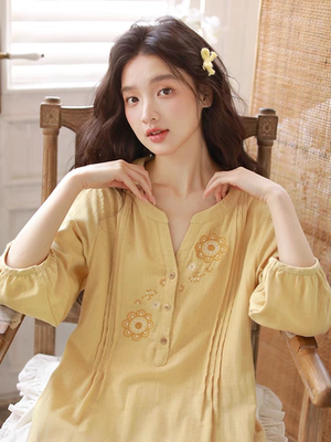 睡裙女纯棉纱布刺绣圆领七分袖中长款全棉连衣裙可外穿春夏家居服