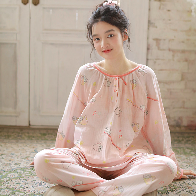 睡衣女春夏纯棉双层纱布圆领套头多巴胺色可爱亲肤柔软家居服套装