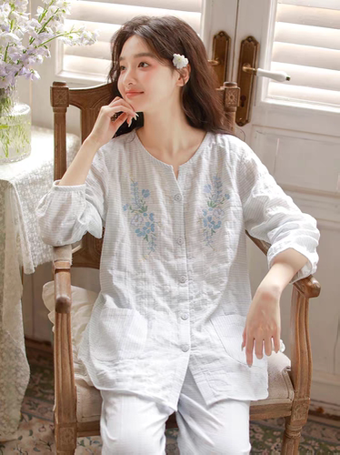 睡衣女春夏纯棉泡泡纱柔软亲肤薄款九分袖长裤刺绣宽松家居服套装