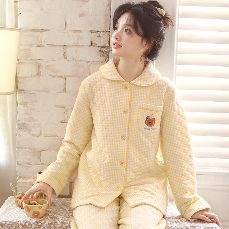 睡衣女秋冬保暖空气棉绗缝翻领恒温保暖柔软三层夹棉家居服套装,女士内衣/男士内衣/家居服,睡衣/家居服套装,淘宝优惠券,粉丝福利购,淘宝优惠卷