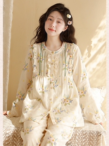 睡衣女春秋纯棉双层纱布碎花小清新圆领长袖薄款透气家居服套装