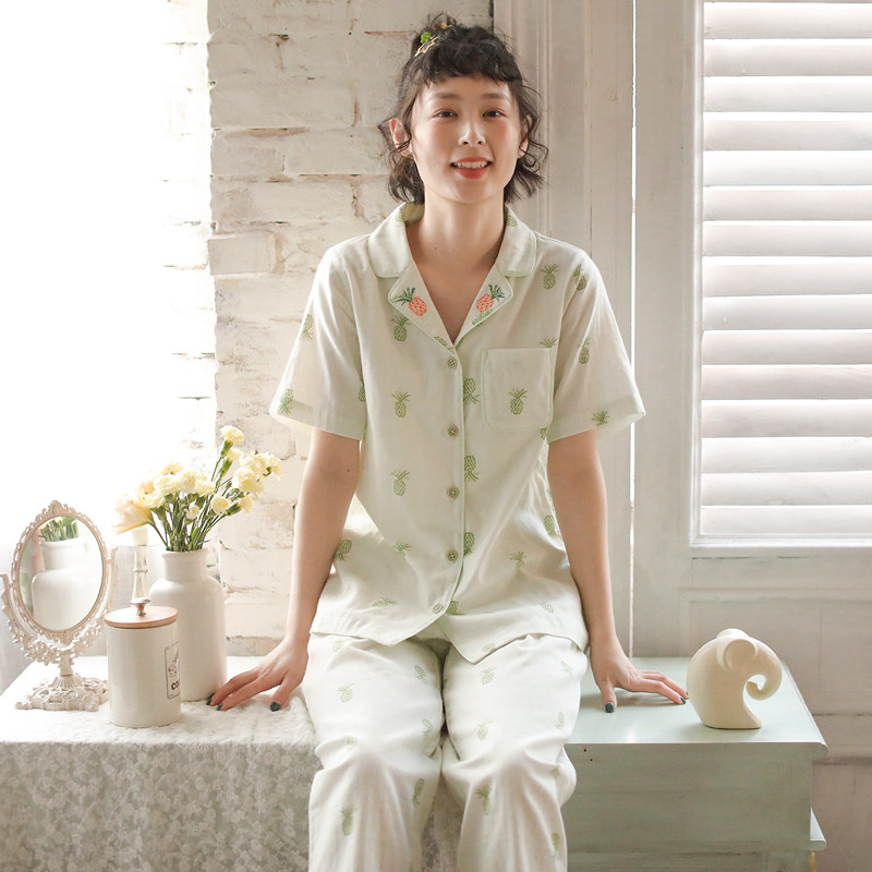 断码特价睡衣女春夏短袖长裤纯棉双层纱布可爱菠萝全棉家居服套装