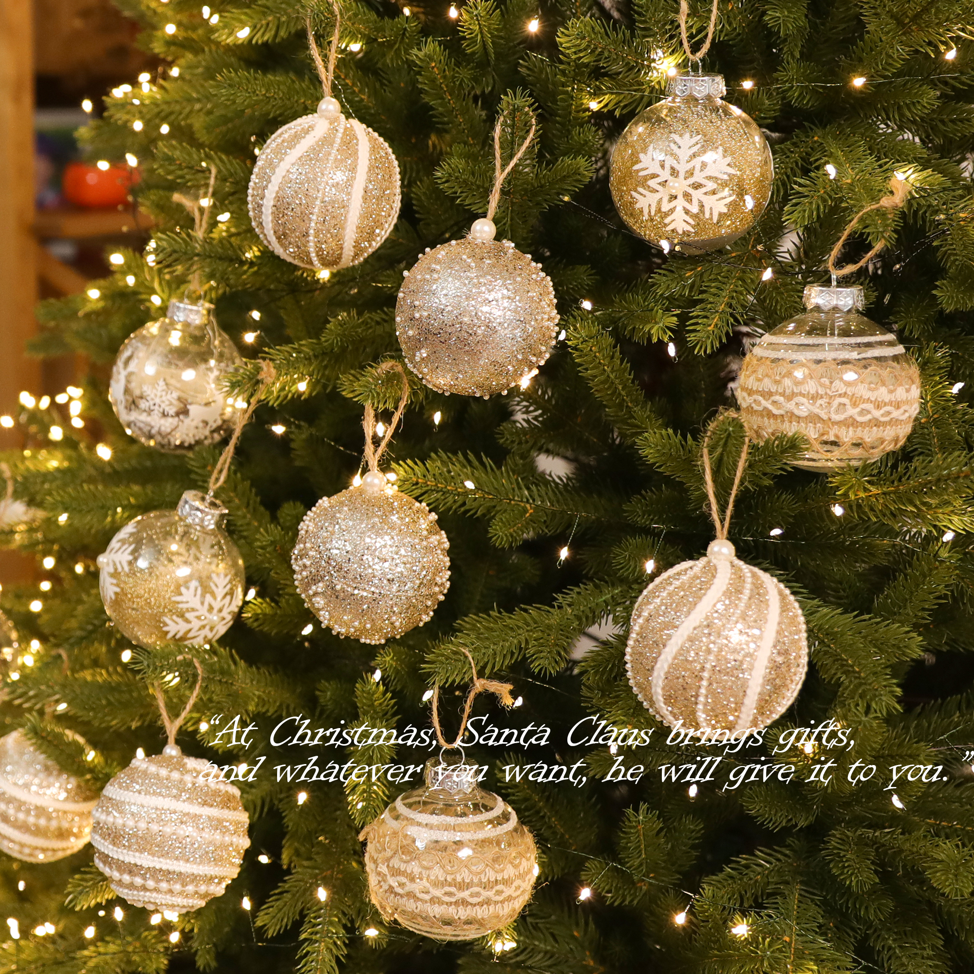 圣诞树装饰吊球圣诞彩绘球植绒香槟金圣诞球DIY挂饰场景氛围布置