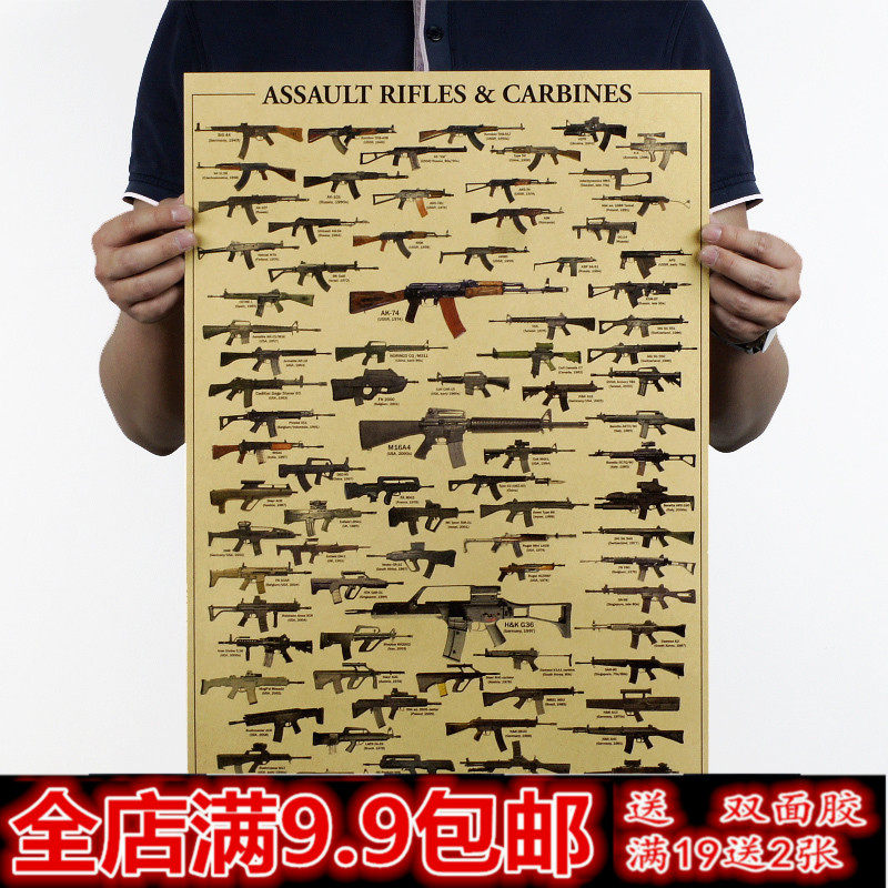 世界名枪大全图纸海报 二战军迷复古牛皮纸海报 宿舍酒吧装饰贴画