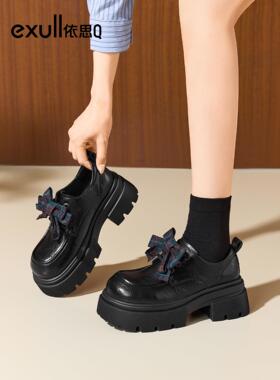依思q黑色小皮鞋女2026年春季新款厚底粗跟乐福鞋通勤女鞋子