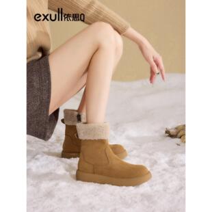 依思q加绒雪地靴女款2025秋冬季新款厚底保暖棉鞋休闲短筒毛毛靴