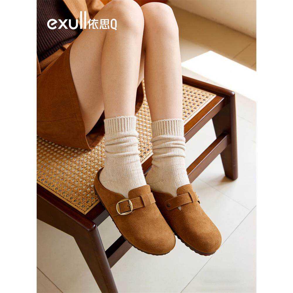 依思q复古勃肯鞋女2026春季新款驼色包头半拖外穿百搭懒人穆勒鞋