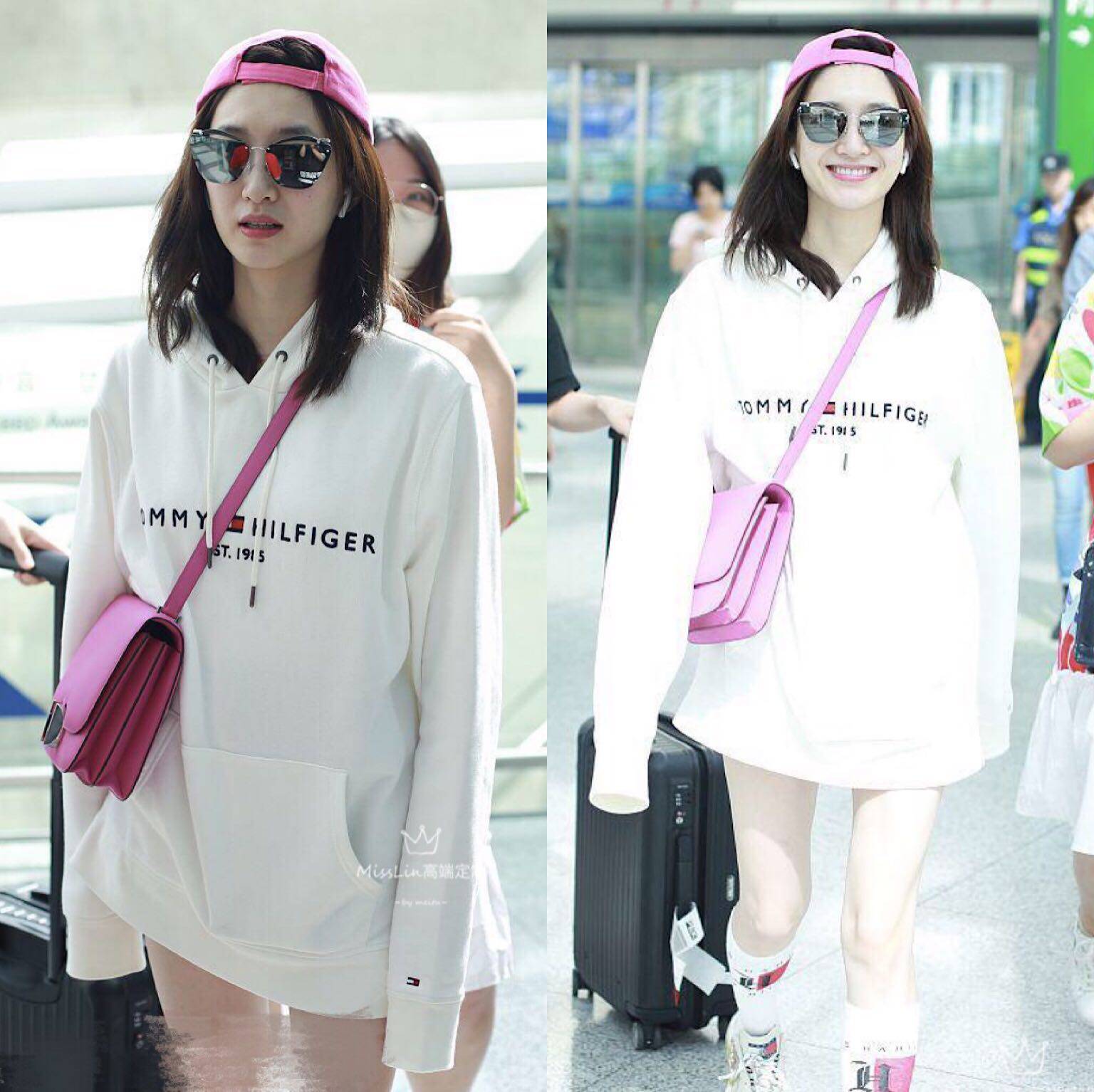 江疏影机场明星同款白色连帽印花卫衣韩版薄款宽松下身失踪上衣女