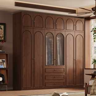 新中式 工厂定制中古风 胡桃色全实木四五六门衣柜广东佛山2025新款