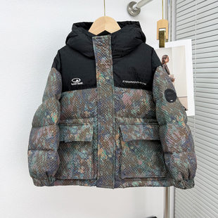2026冬男童中大童撞色迷彩工装羽绒服90白鸭绒青少年儿童加厚外套