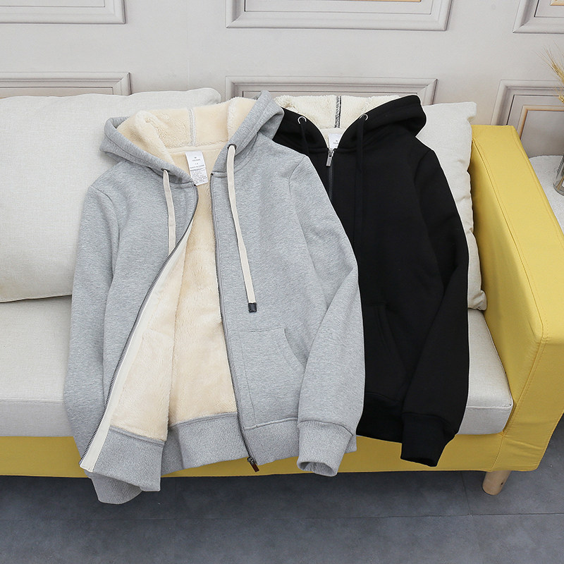 卫衣拉链加厚纯色羊羔毛连帽外套